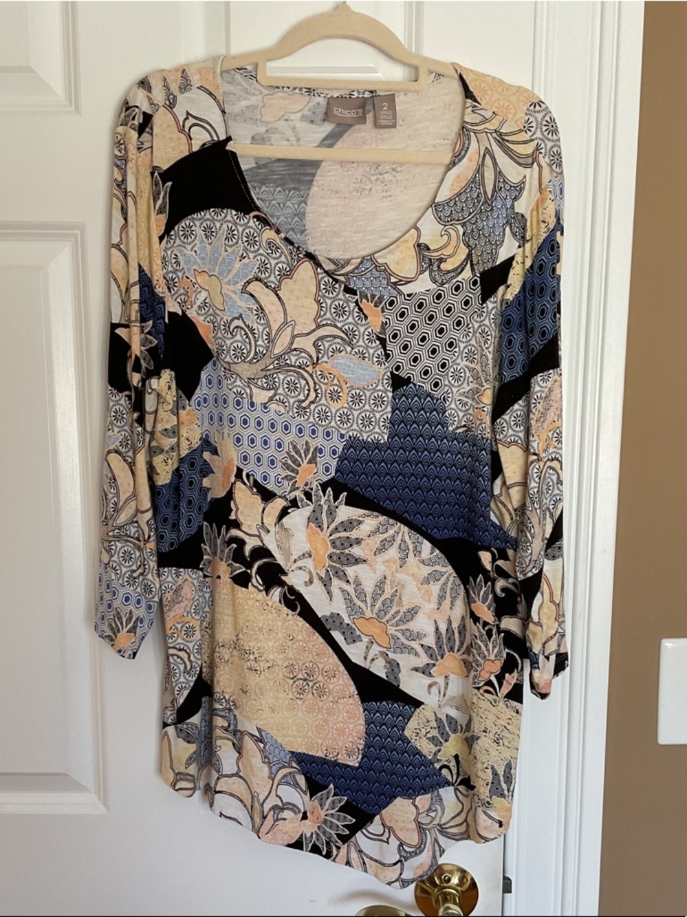 Chico's Printed Scoop Neck Long Sleeve Top - Blue & Cream